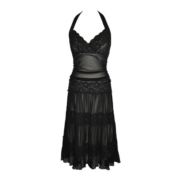 Vintage Black Fully Lined Three-Tiered Net and Lace Lounge Dress at 1stDibs