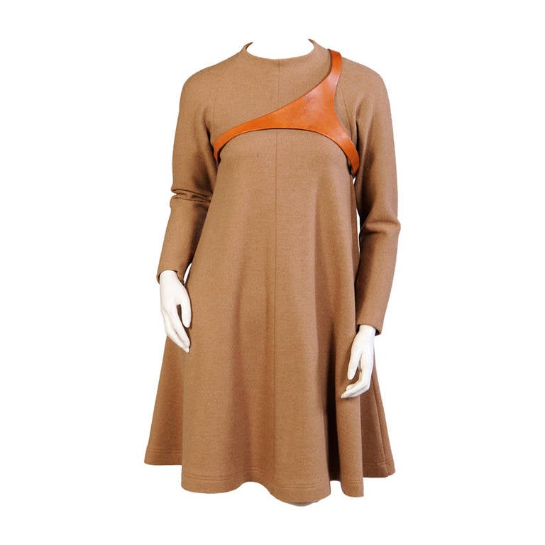 Geoffrey Beene Camel Wool Dress with Leather Harness