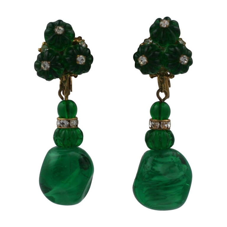 Miriam Haskell Emerald Pate de Verre Earrings