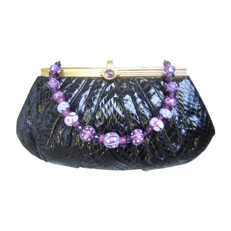 JUDITH LEIBER Black Snakeskin Evening Bag with Glass Beaded Handle