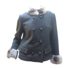 Used Chinchilla Trim Gray Double Breasted Wool Jacket ca 1970