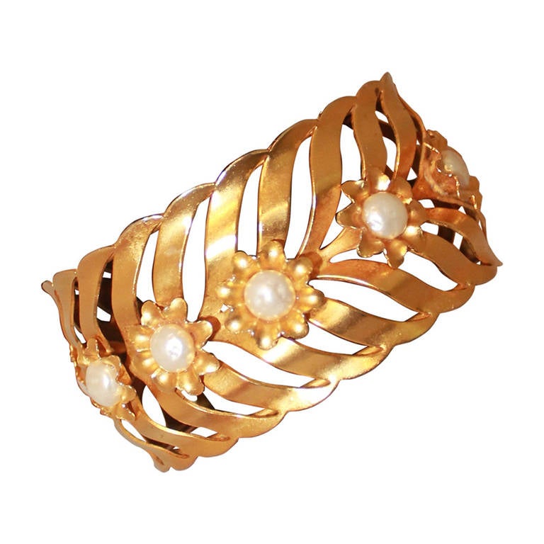 Dominique Aurientis 1980's Goldtone & Pearl Wide Cuff For Sale