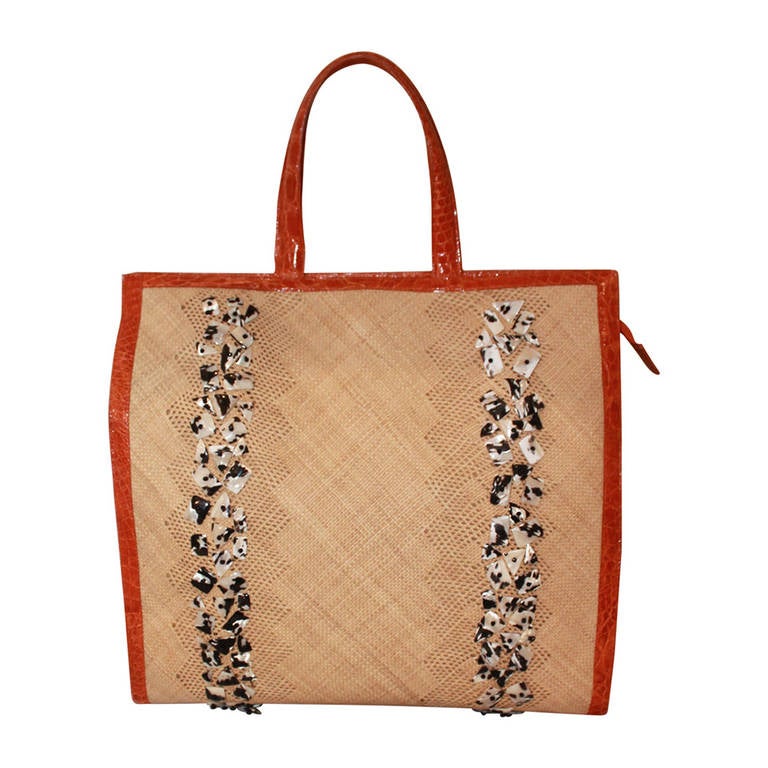 Nancy Gonzalez Beaded Raffia & Orange Croc Handbag For Sale