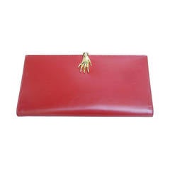 Vintage GUCCI Cherry Red Leather Wallet with Gilt Metal Hand Clasp ca 1970s