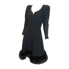 Vintage Pauline Trigere  Black wool evening dress with Fox Fur Trim
