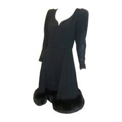 Pauline Trigere  Black wool evening dress with Fox Fur Trim