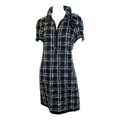 Chanel tweed black white checker  dress with pin 07P sz 46