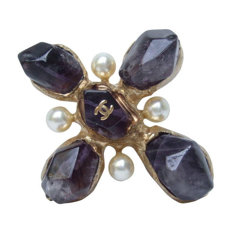 Chanel Spectacular Amethyst & Glass Pearl Cross Brooch