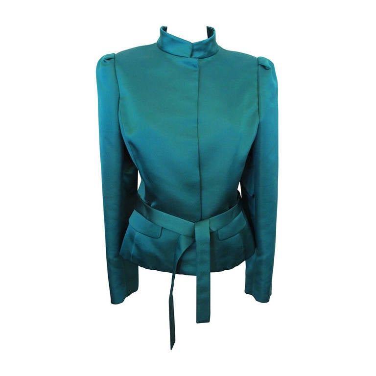 Oscar de la Renta Emerald Green Silk Satin Jacket For Sale
