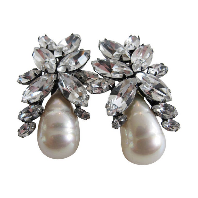 Iradj Moini Statement Faux Pearl and Rhinestone Earrings For Sale
