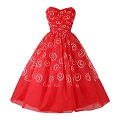 Vintage 1950's Red Chiffon Glitter Swirls Dress