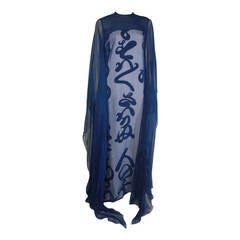 1970's Hanae Mori Blue and White Calligraphy Column with Chiffon Overlay 10