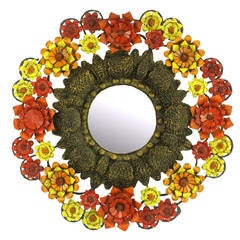 Artes De Mexico Mirror with Red, Yellow and Orange Tole Flower Surround
