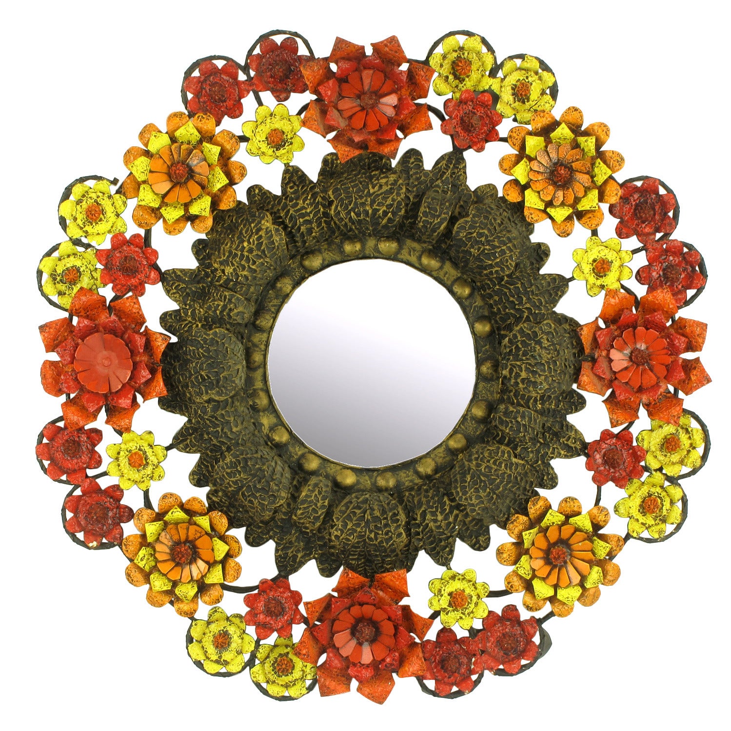 Artes De Mexico Mirror with Red, Yellow and Orange Tole Flower Surround