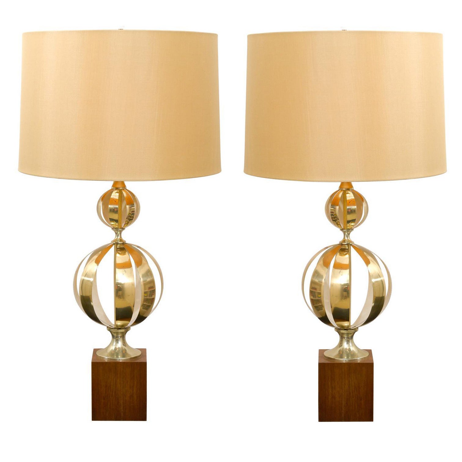 Exquisite Pair of Stacked Cut Brass Sphere Lamps