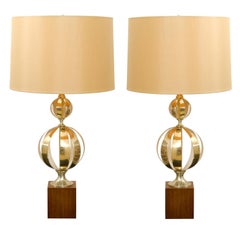 Exquisite Pair of Stacked Cut Brass Sphere Lamps