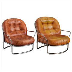 Pair of Carlo de Carli Leather and Chromed Iron Armchairs