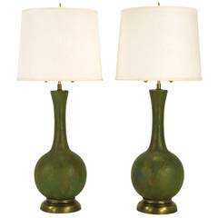 Pair Gourd Form Olive Green & Blue Abstract Glaze Table lamps