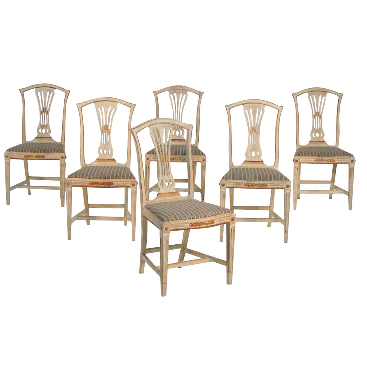 Set of Six Swedish Gustavian Style Dining Chairs in Original Paint and Gilt