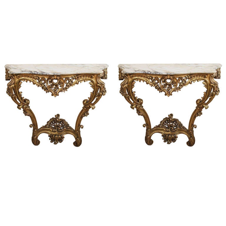 Pair of Louis XV Style Gilt Wall Mounted Consoles at 1stDibs