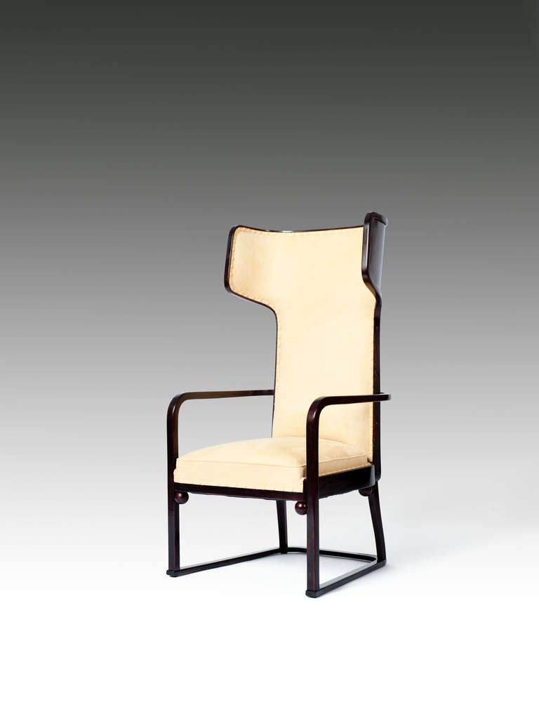 JOSEF HOFFMANN
Brtnice 1870 – 1956 Vienna
J. & J. KOHN 

UPHOLSTERED ARMCHAIR

Designed by: Josef Hoffmann, around 1905.
Executed by: J. & J. Kohn, model no. 667.

Bent beech and plywood, stained and polished, surface professionally