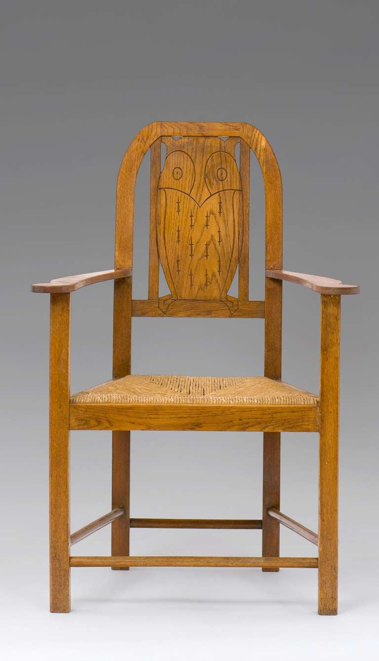 HEINRICH VOGELER
Bremen 1872 – 1942 Kolchos Budjonny (Kazakhstan)

WORPSWEDE ARMCHAIR

Designed by: Heinrich Vogeler, around 1900
Signed at the back of the seat frame: H. v. Vogeler

Oak, woven rush seat, one arm has been replaced, otherwise