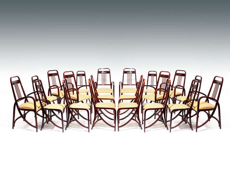 GEBRÜDER THONET

designed and executed by: Gebrüder Thonet, Vienna, 1904, model no. 511

bent beech stained to rosewood and polished, reupholstered with a new Viennese Secessionist fabric, excellent condition 

chairs: H 99 cm, SH 47 cm, W 43