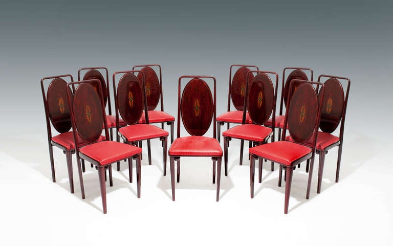 JOSEF HOFFMANN attr.
J. & J. KOHN

designed by: Josef Hoffmann attr., Vienna, around 1907
executed by: J. & J. Kohn (brand mark)
 
bent beech and plywood, dyed to rosewood, surface professionally repolished, seat back panels with inlays in