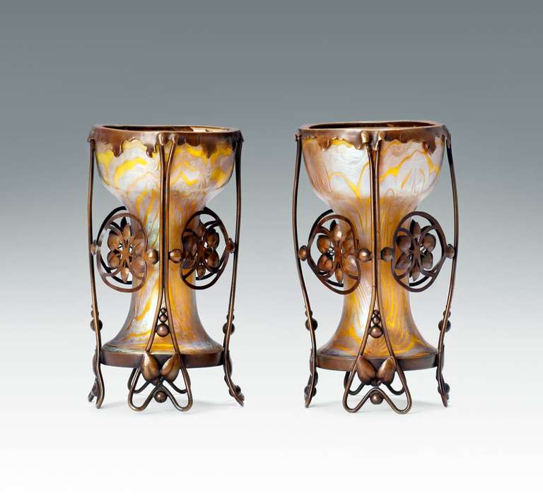 KARL KELLERMANN/LÖTZ WITWE
E. BAKALOWITS SÖHNE

A PAIR OF METAL MOUNTED VASES

designed by: Karl Kellermann, 1900
executed by: Lötz Witwe, Klostermühle, for E. Bakalowits Söhne
décor: Phänomen Gre 202

clear glass cased in yellow,