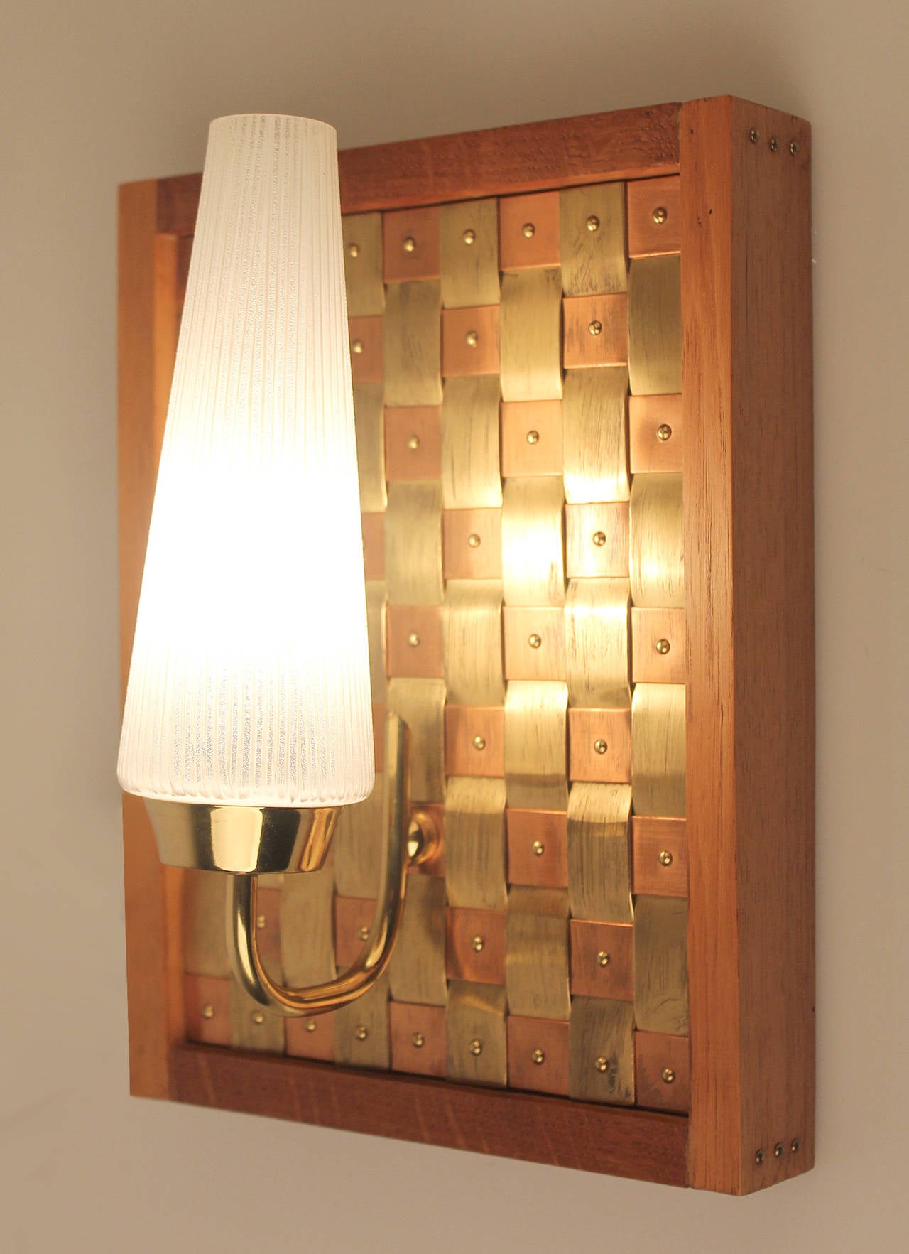 Italian Pair of Mid Century Light Sconce Copper Brass Glass For Sale