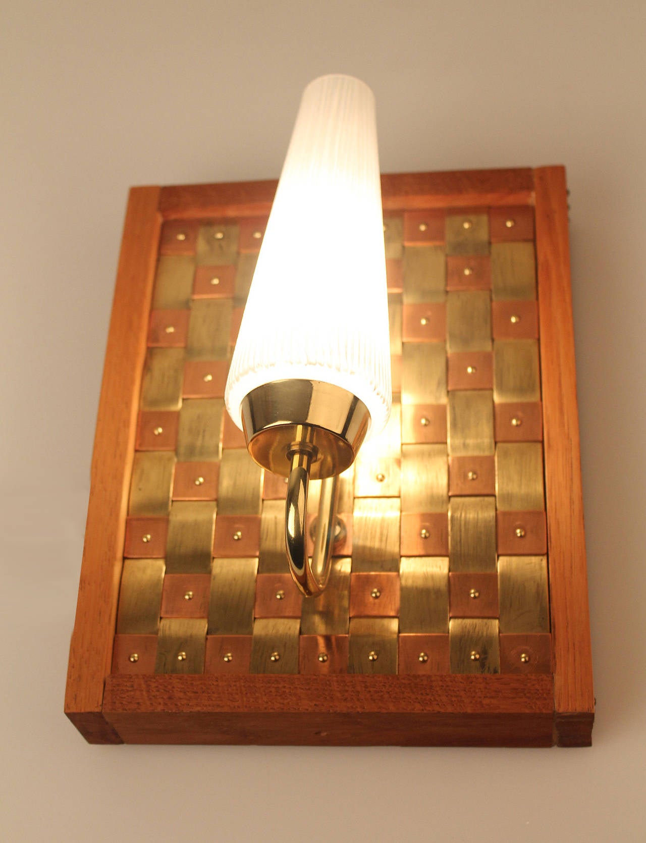 Mid-20th Century Pair of Mid Century Light Sconce Copper Brass Glass For Sale