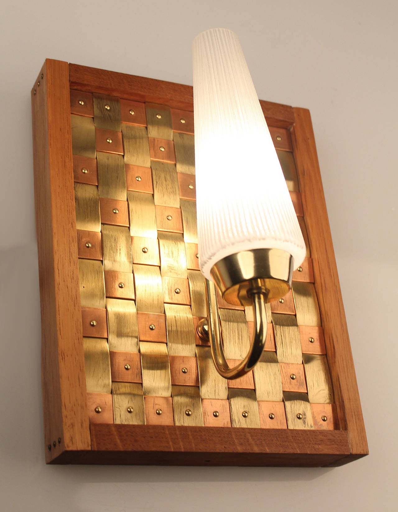 Pair of Mid Century Light Sconce Copper Brass Glass For Sale 2