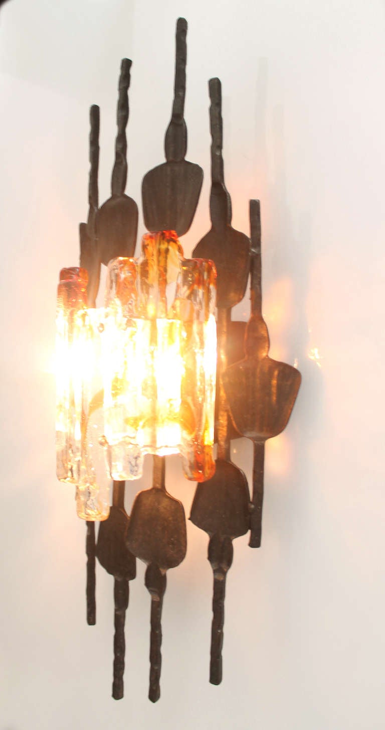 Pair Very Large Brutalist Iron and Murano Glass Sconces Fixtures at 1stdibs