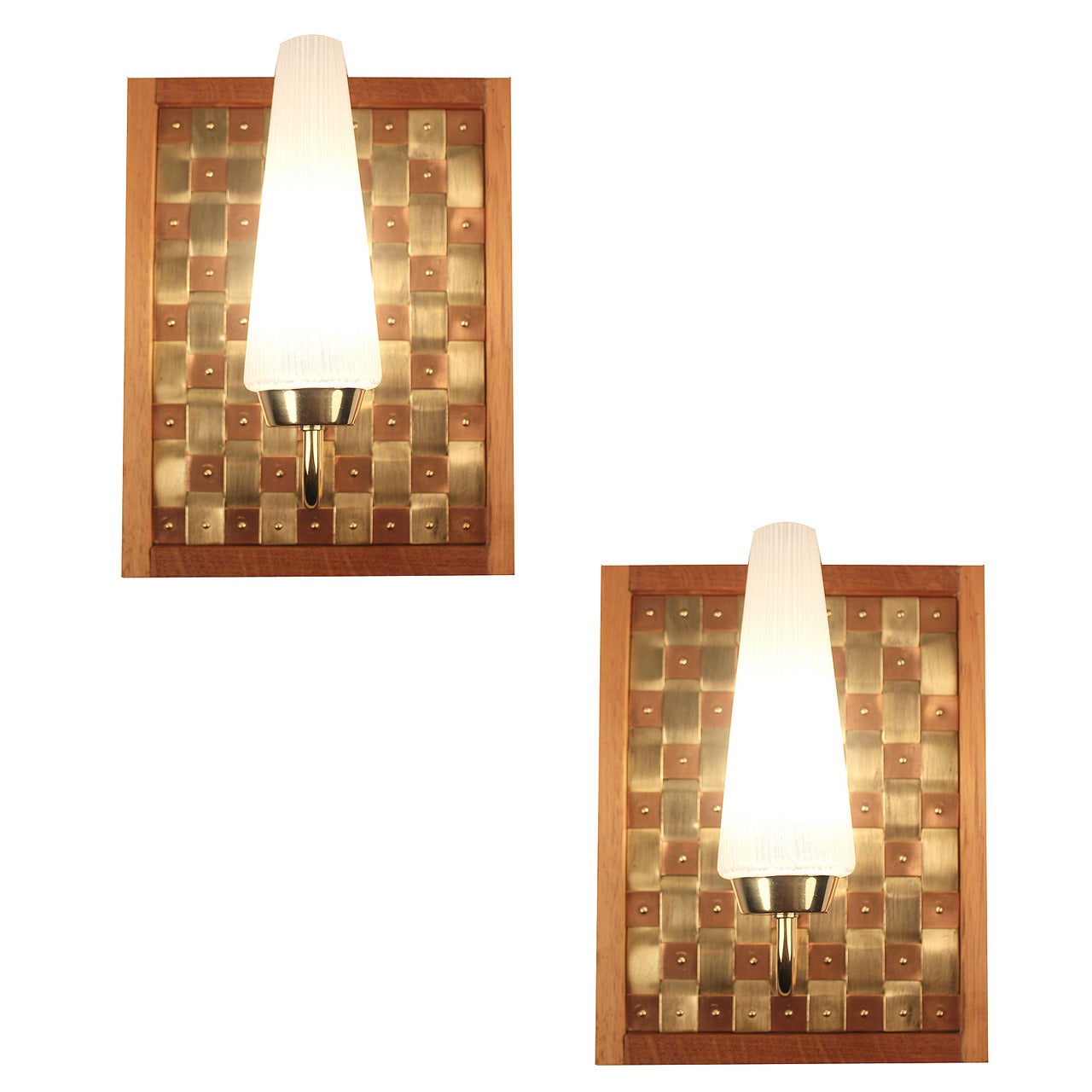 Pair of Mid Century Light Sconce Copper Brass Glass For Sale