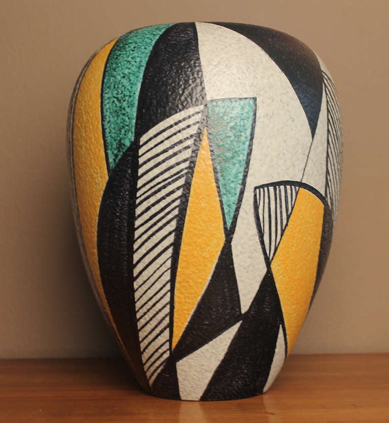 Large Mid Century Pottery Vase with Abstract Patterns Black Green