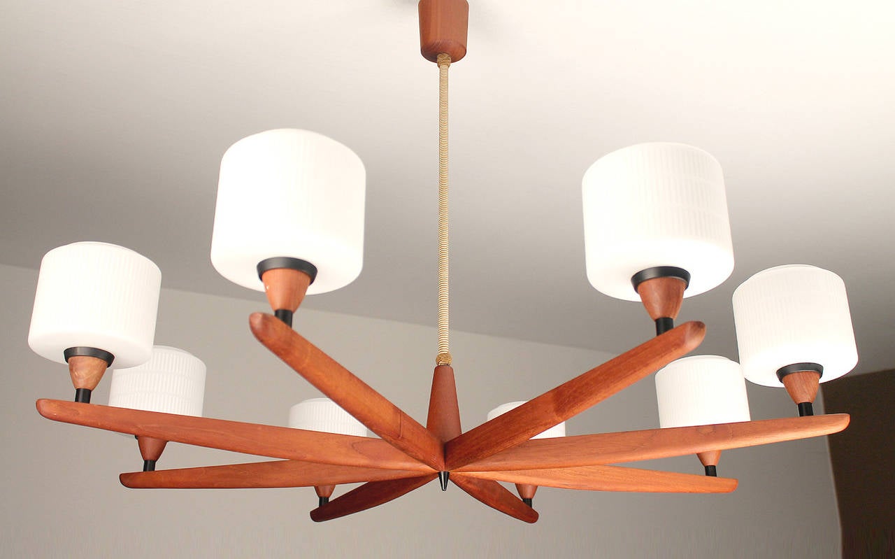 Mid-Century Modern Danish Modern Luxus Teak Chandelier Modernist Glass Ceiling Lamp 60s 50s