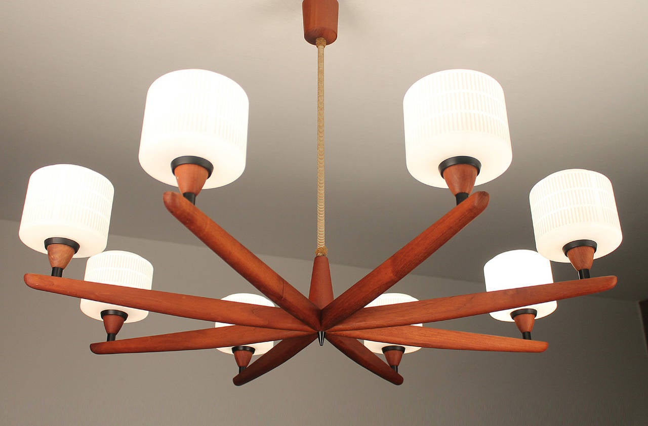 Swedish Danish Modern Luxus Teak Chandelier Modernist Glass Ceiling Lamp 60s 50s