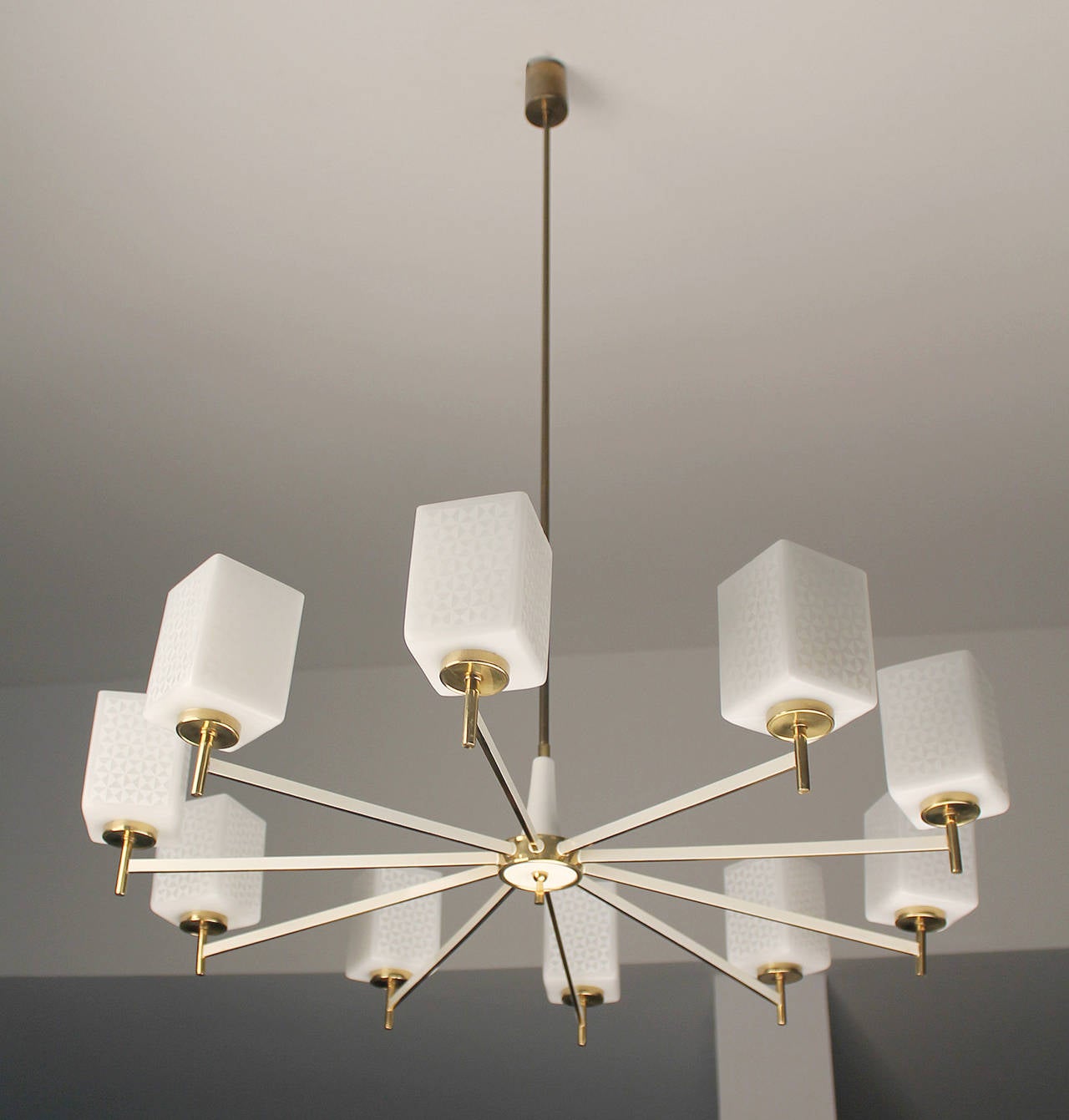 Very large brass and glass sputnik chandelier, opaline glass shades with applied mosaic patterns.

The lamp has been tested under a 220v and 110v environment 
and requires 10 candelabra bulb up to 40 watts each