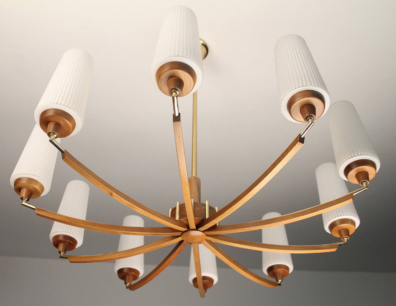 Italian Wood & Brass Chandelier Glass Ceiling Fixture  Mid Century Modernist 60s 1