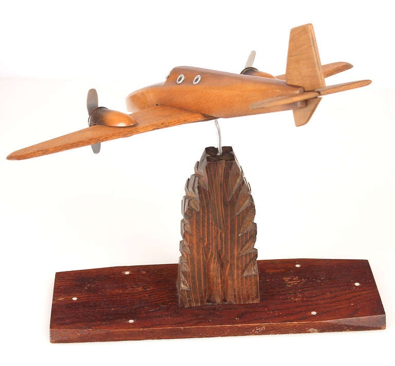 Aluminum French Art Deco Wooden Bi-Engine Airplane Model For Sale