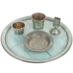 WMF Ikora Art Deco Antique Design Tray Accessory Set, Turquoise, Brass