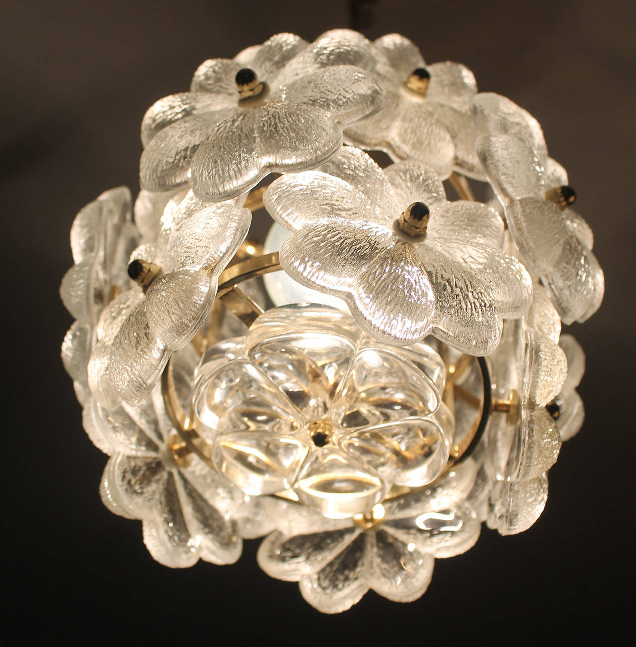 Palwa Glass Flower Pendant Light Brass Ceiling Lamp Floral Modernist 1960 1