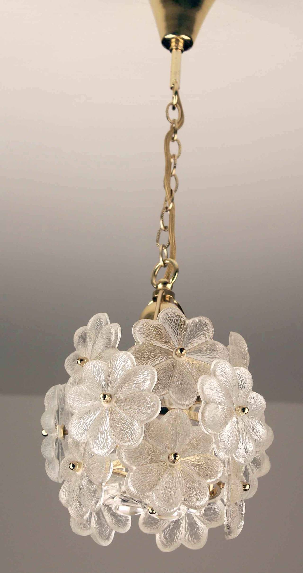 Mid-Century Modern Palwa Glass Flower Pendant Light Brass Ceiling Lamp Floral Modernist 1960