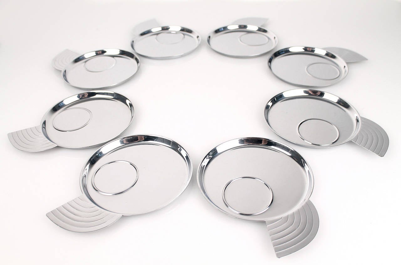 American Set of Eight Art Deco Chase Canape Snack Trays Chrome Streamline Design