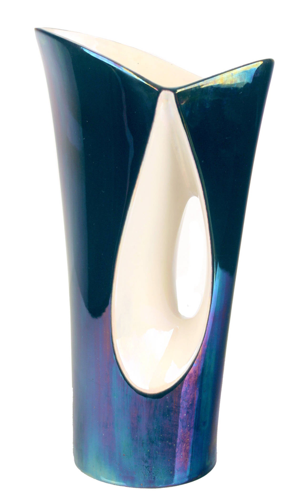 Vintage 60s French Mid Century Vase by Verceram,  the ivory with mother of pearl effect and blue/black iridescent finish is a signature of the verceram brand, the organic shape bears the typical signature of french mid century style