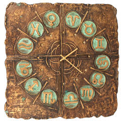 Very Large Italian Mid Century Bronze Wall Clock with Zodiac Signs Brutalist 60s 1