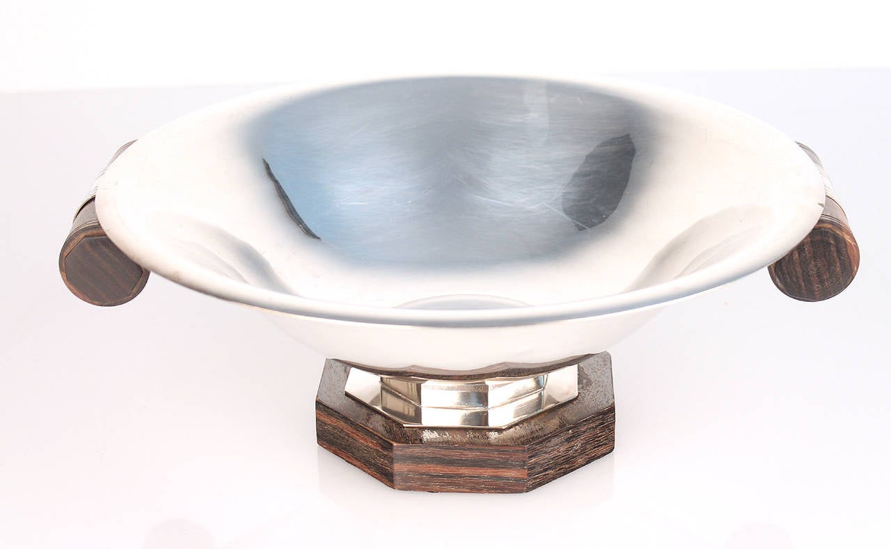 French Art Deco Silver Plate Bowl with Rosewood Accents, 1930s Modernist Design  1