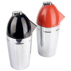 Pair of Art Deco Syphon Bottle, Chrome and Red and Black Enamel