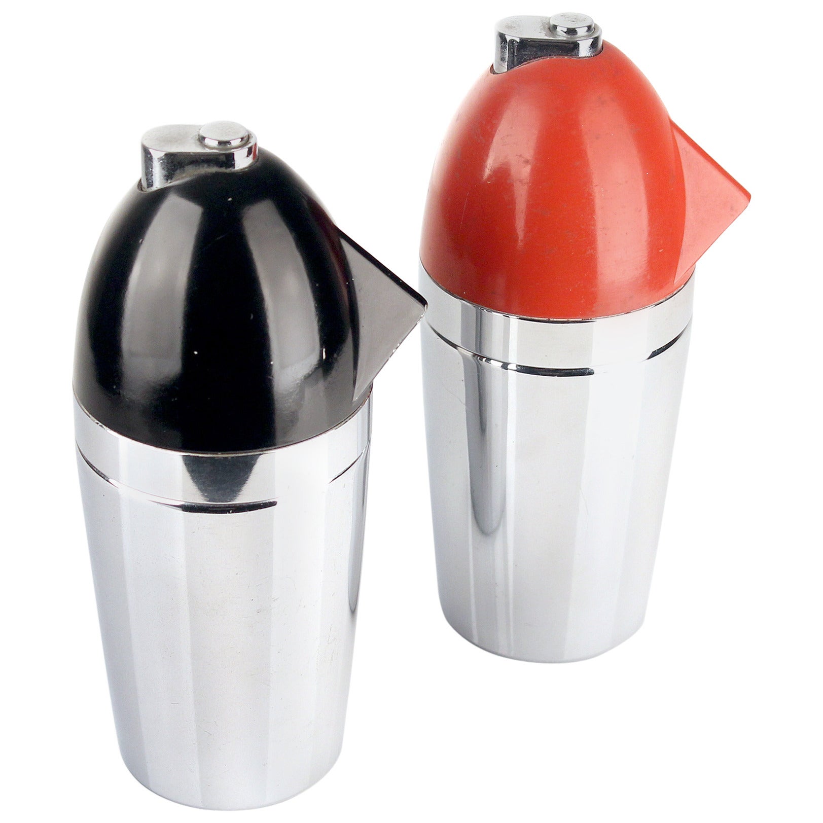 Pair of Art Deco Syphon Bottle, Chrome and Red and Black Enamel For Sale