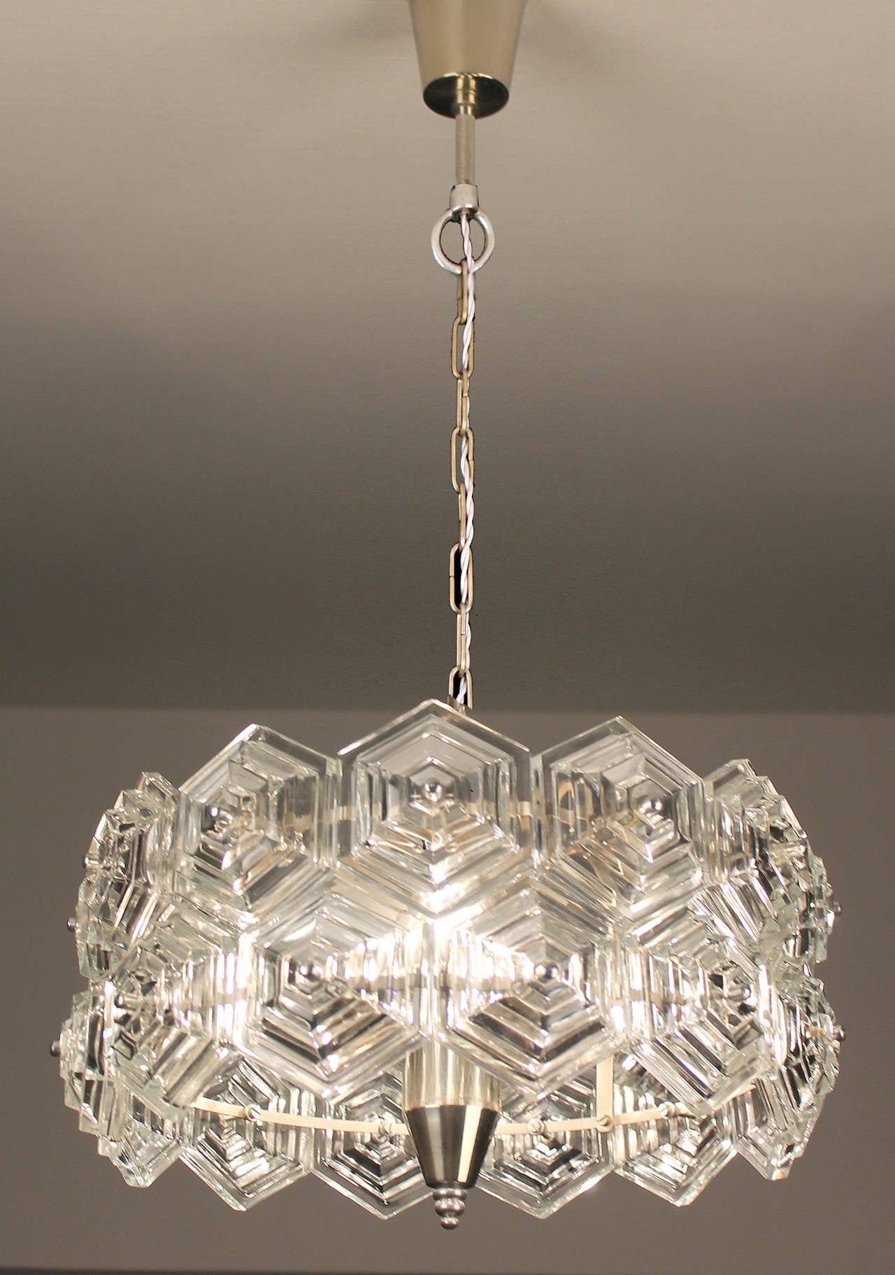 MidCentury Glass Prisms Chandelier Chrome Ceiling Fixture Kinkeldey